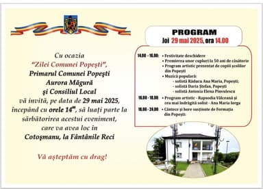 Distracție și cultură la Popești! Muzică și dans de Ziua Comunei Vâlcea pe 29 mai pentru toată familia!