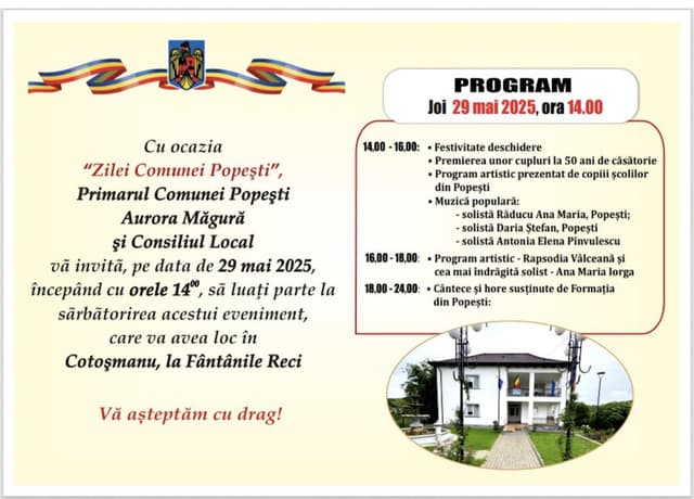 Distracție și cultură la Popești! Muzică și dans de Ziua Comunei Vâlcea pe 29 mai pentru toată familia!