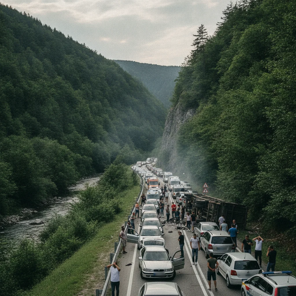 Accident pe DN 7, la Brezoi: autoturism și autocamion, trafic blocat