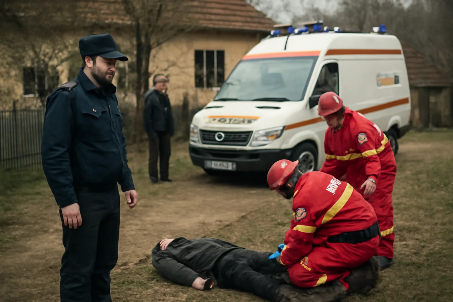 Bărbat descoperit fără viață în curtea casei sale din Horezu; mobilizare a echipajelor de urgență