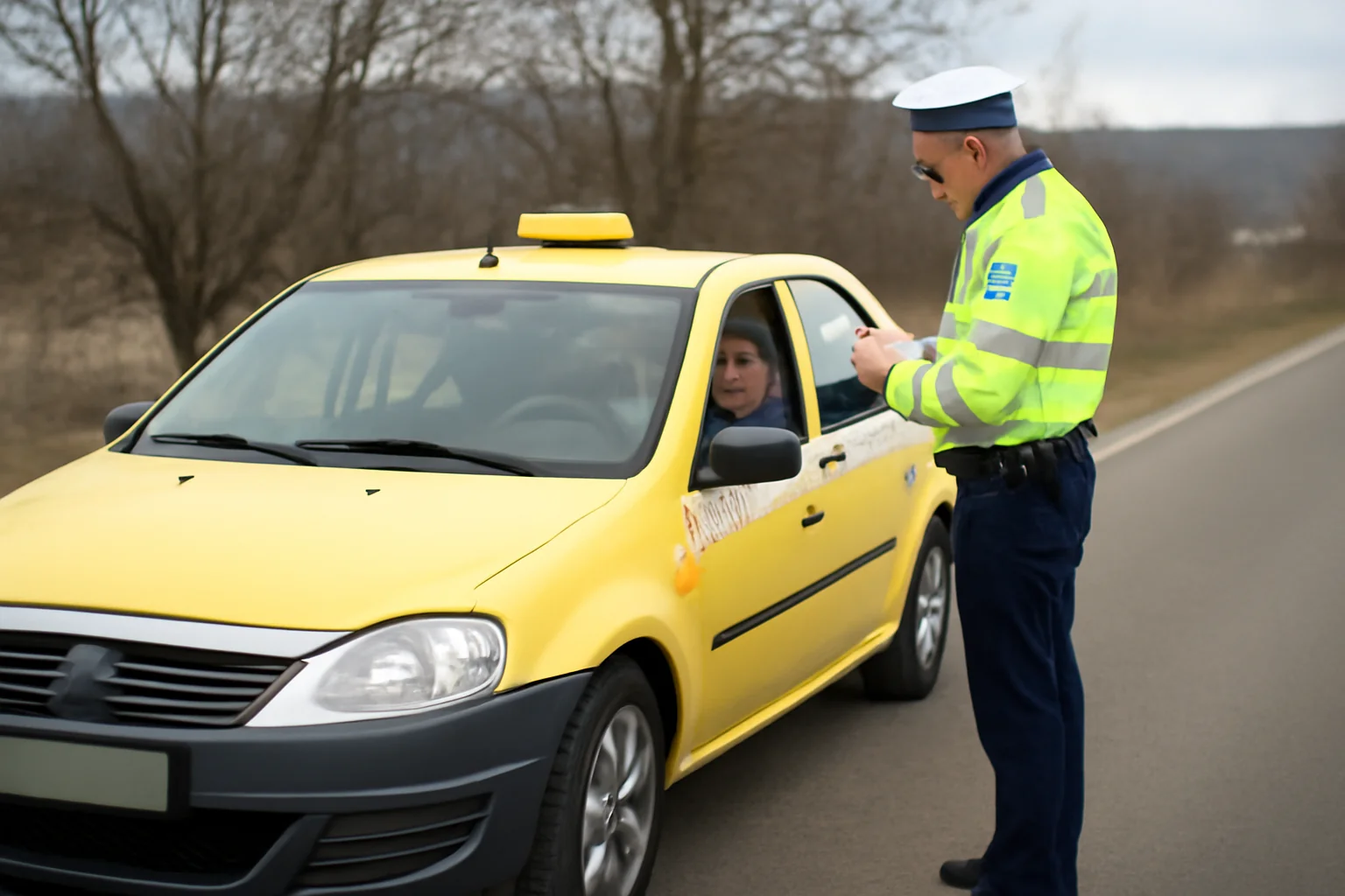 FOTO. Taxi “pirat prins pe un drum județean din Vâlcea – amendă și blocare mașină 6 luni