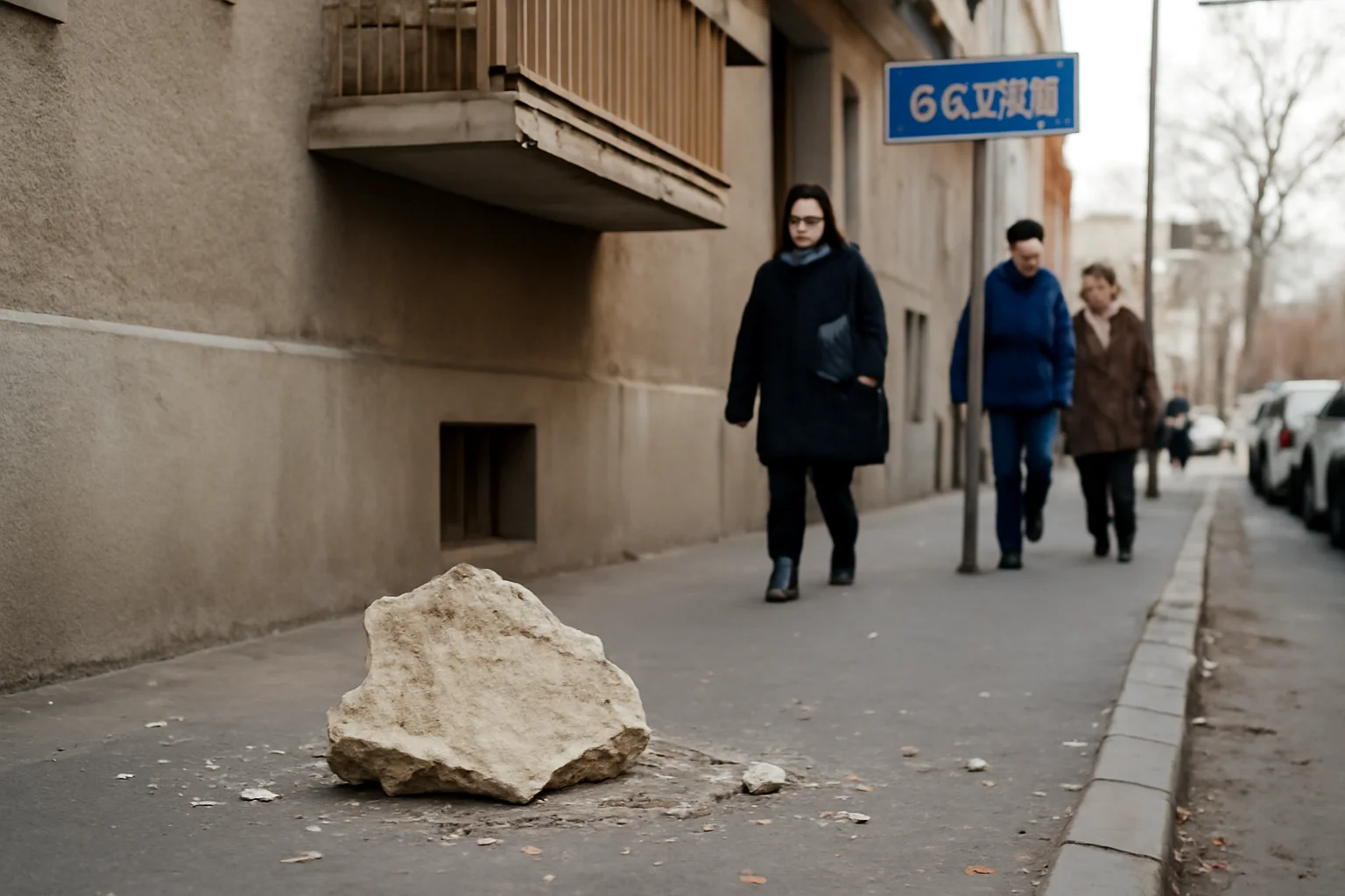 FOTO. Tencuială desprinsă de pe balcon și prăbușită pe strada Carol din Râmnicu Vâlcea