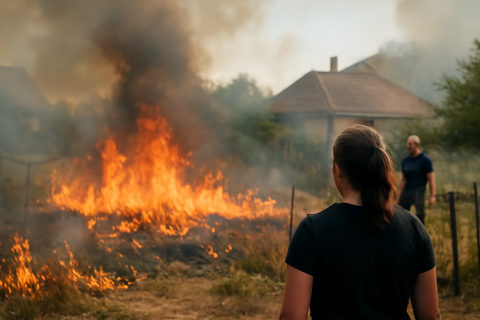 Imagini cu flăcări puternice provocate de un foc de vegetație ce a cuprins mai multe case în zona Livezi