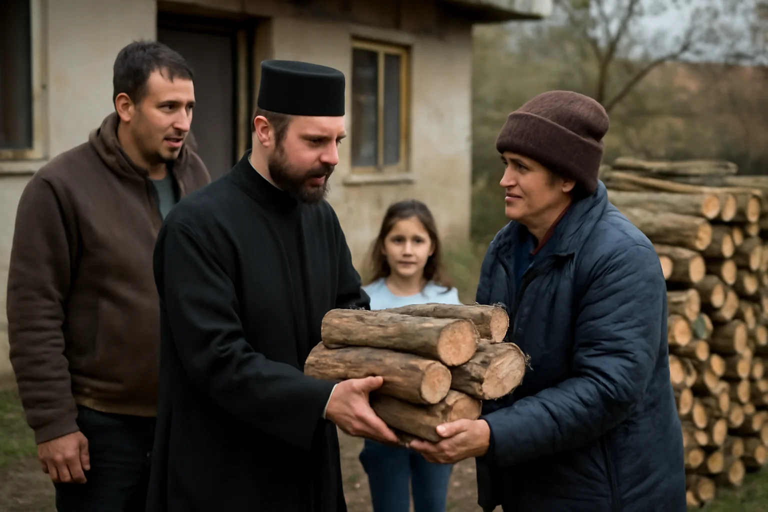 IMAGINI. Parohia Vlădești donează lemne de foc unei familii nevoiașe din comunitate