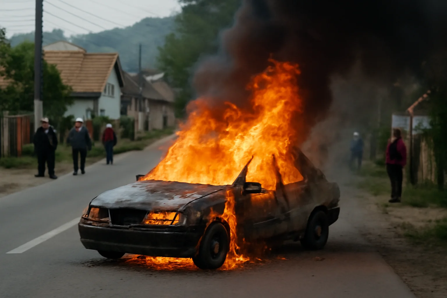 Mașină cuprinsă de flăcări în comuna Bunești, incident raportat de autorități din Râmnicu Vâlcea