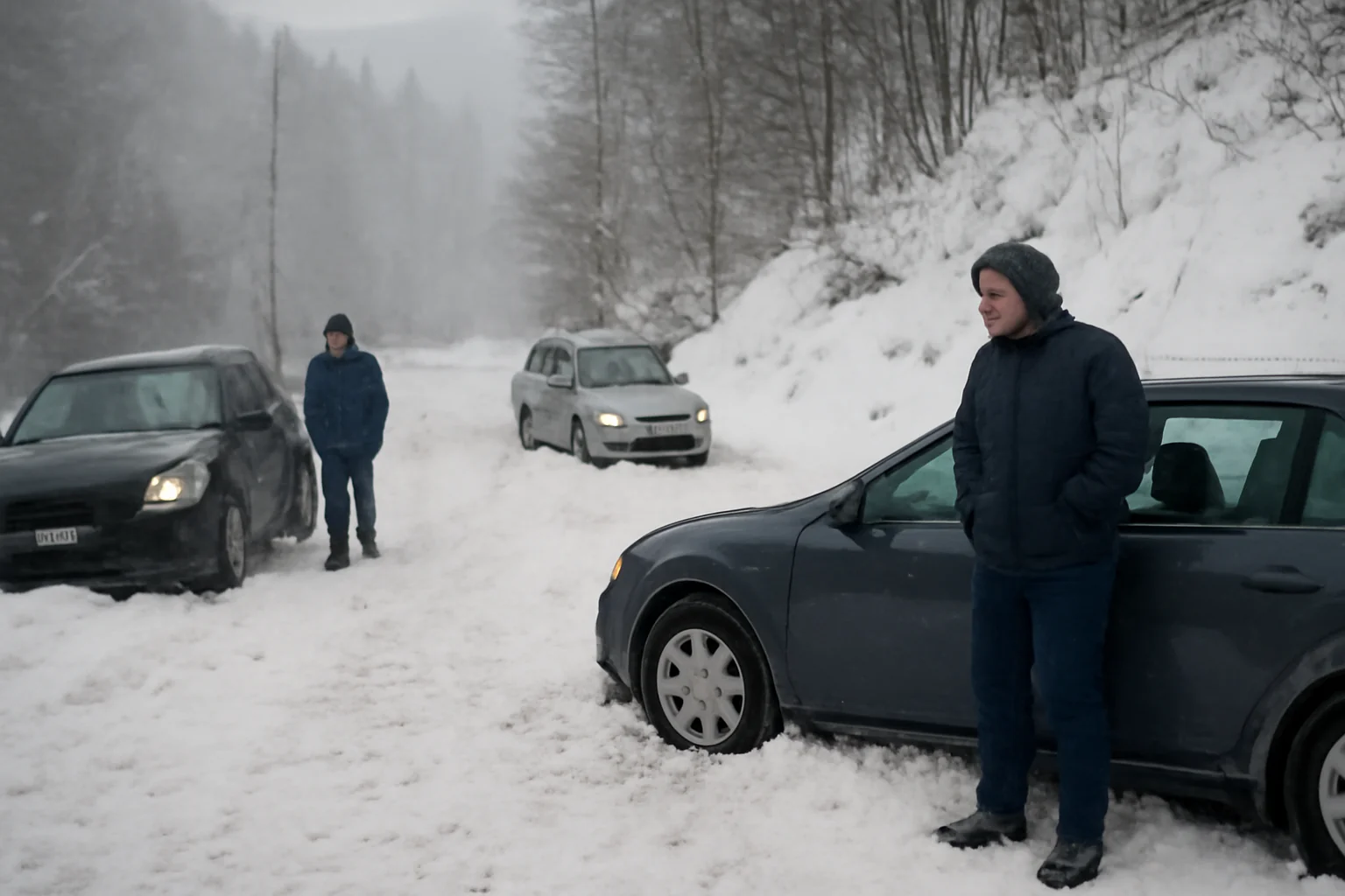 Trafic blocat pe drumul spre Vârful lui Roman: mașini derapate și șoferi surprinși de gheață lângă Râmnicu Vâlcea