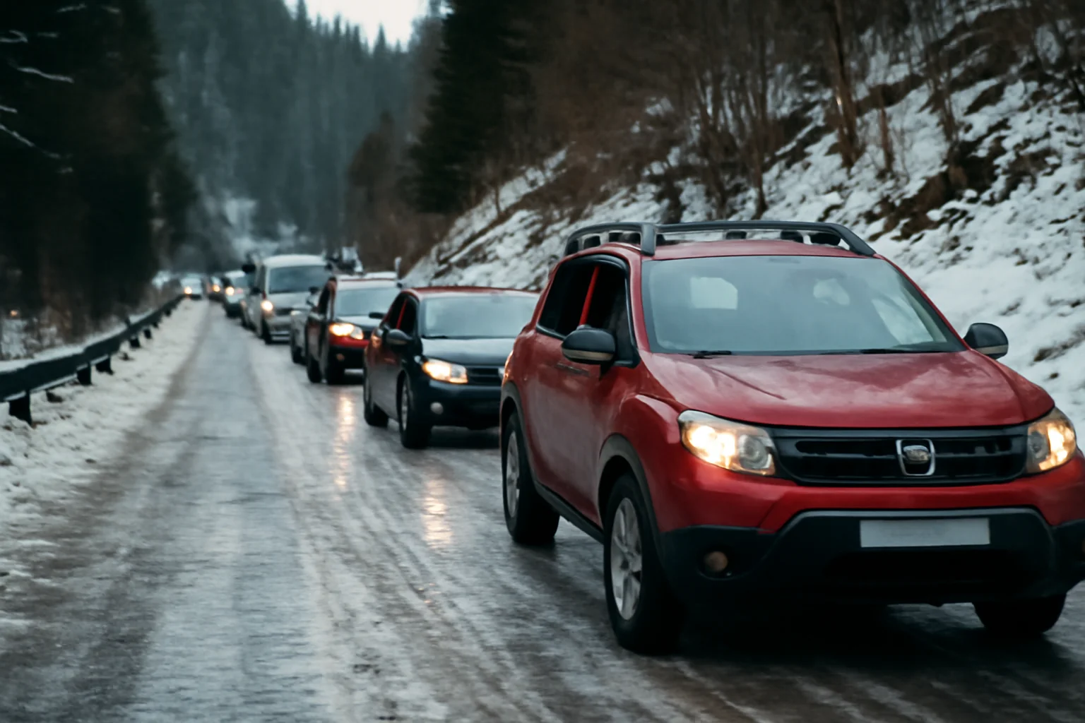 Trafic îngreunat de gheață pe drumul montan lângă Râmnicu Vâlcea, spre Vârful lui Roman