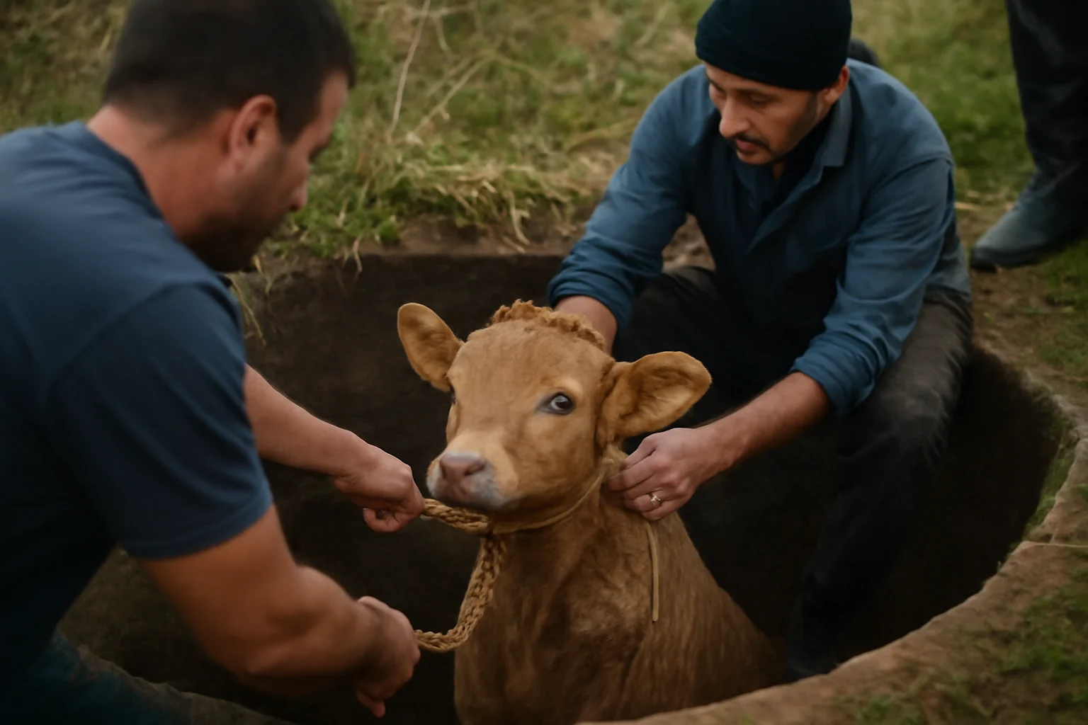 Vițel salvat dintr-un puț la Horezu în timpul intervenției eroice